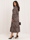 Rochie midi negru-bej cu volan și imprimeu animalier