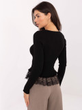 Pulover elegant negru cu dantelă și nasturi