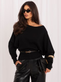 Pulover elegant negru cu curea și decolteu tip bărcuță