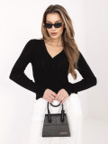 Pulover negru ajurat cu nasturi și decolteu în V