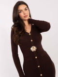 Rochie midi elegantă din tricot reiat cu nasturi – maro închis