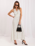 Rochie maxi albă cu buline bleumarin și cordon