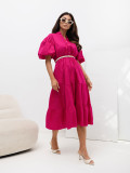 Rochie midi roz cu curea și volan