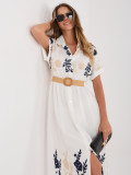 Rochie midi tip cămașă alb-bleumarin cu broderie și curea