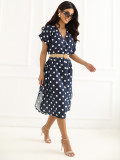 Rochie midi bleumarin cu buline și curea
