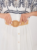 Rochie midi cămașă alb-bleumarin cu broderie și curea
