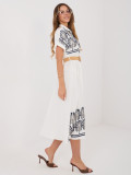 Rochie midi cămașă alb-bleumarin cu broderie și curea