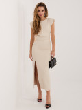 Rochie midi elegantă bej cu drapaje