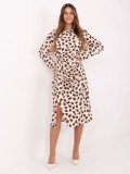 Rochie midi bej cu model geometric și mâneci lungi