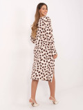 Rochie midi bej cu model geometric și mâneci lungi