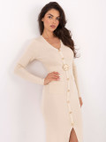 Rochie midi elegantă cu decolteu în V și nasturi, bej deschis