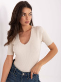 Pulover bej cu model reiat și decolteu în V