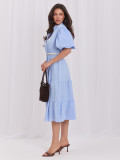 Rochie midi evazată bleu cu curea și volan