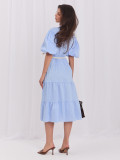 Rochie midi evazată bleu cu curea și volan