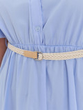 Rochie midi evazată bleu cu curea și volan