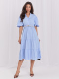 Rochie midi evazată bleu cu curea și volan