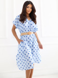 Rochie midi albastru deschis cu buline și curea