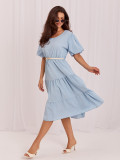 Rochie midi bleu cu curea și volan