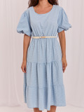 Rochie midi bleu cu curea și volan