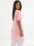 Bluză roz din bumbac cu volan și broderie