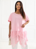 Bluză roz din bumbac cu volan și broderie