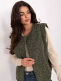 Vestă tricotată khaki cu buzunare, stil casual