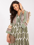 Rochie maxi khaki cu imprimeu și mâneci 3/4