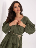 Rochie khaki cu fustă evazată și mâneci lungi