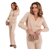 Set bej cu cardigan și pantaloni largi