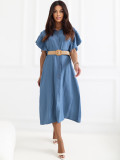 Rochie midi albastră evazată cu curea și volan