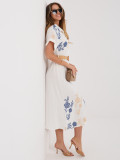 Rochie midi cămașă alb-albastră cu broderie și curea