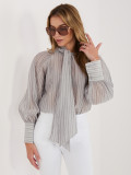 Cămașă clasică gri cu dungi, șnur decorativ și mâneci bufante