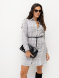 Rochie-cămașă alb-gri cu curea și buzunare