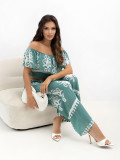 Set boho cu bluză și pantaloni turcoaz
