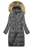 Jachetă lungă de iarnă gri cu blană