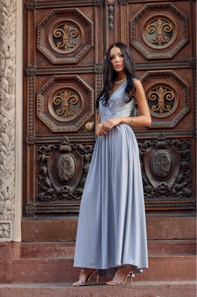 Rochie maxi brocart cu legare la spate – gri