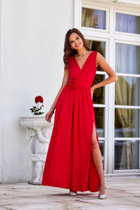 Rochie maxi din satin cu trandafir decorativ, roșie