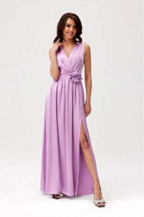 Rochie maxi din satin cu trandafir decorativ, lila