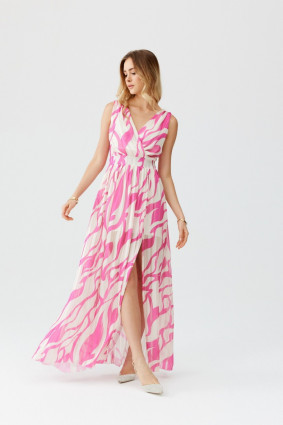 Rochie maxi din șifon cu model și decolteu petrecut