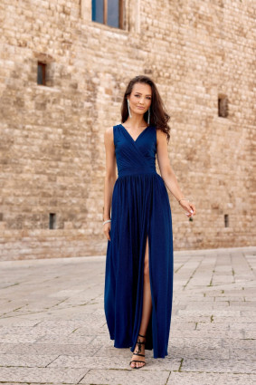 Rochie maxi brocart cu legare la spate, albastru închis