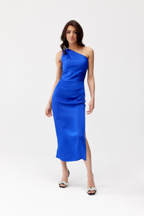 Rochie midi din satin, pe un umăr, în nuanță intensă de albastru