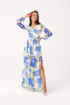 Rochie lungă cu model și legare la spate
