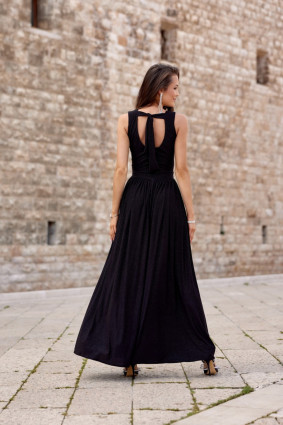 Rochie maxi brocart cu legare la spate – neagră