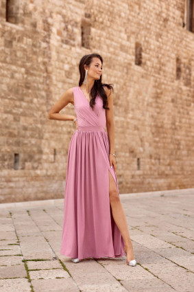 Rochie maxi brocart cu legare la spate, roz