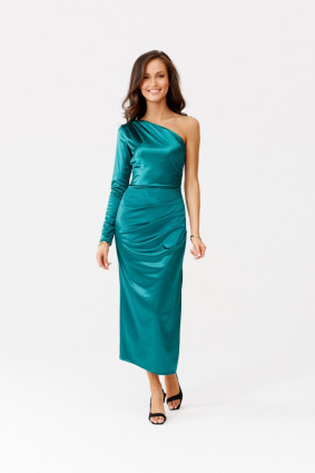 Rochie midi satinată cu o mânecă lungă, verde
