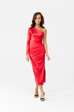 Rochie midi satinată cu o mânecă lungă, roșie