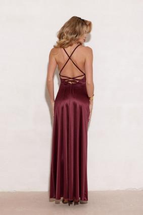Rochie maxi satinată cu legare la spate, culoare bordo