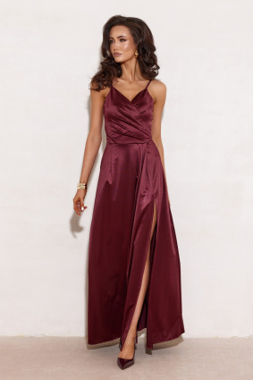 Rochie maxi din satin cu bretele, culoare bordo