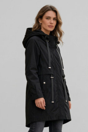 Parka neagră de primăvară cu glugă mare