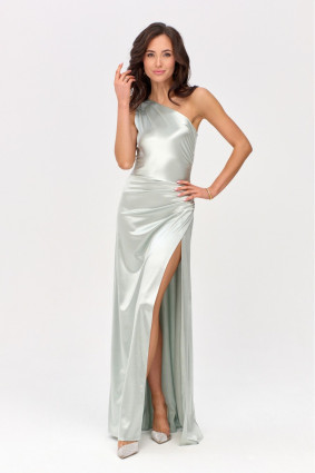 Rochie maxi satinată pe un umăr, culoare mentă